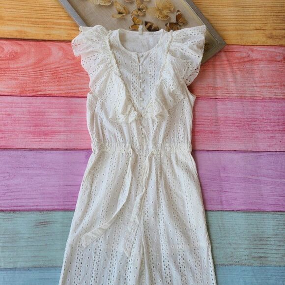 Urban Outfitters White Magnolia Floral Eyelet Ruffle Straight Cropped Jumpsuit M - Picture 8 of 10